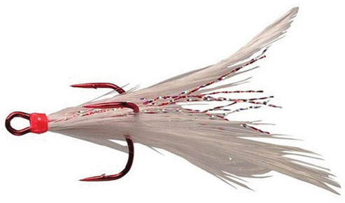 Mustad 102RWCH-06 Size 6 Dressed White Chart Feather Red Treble Hooks Pack of 2